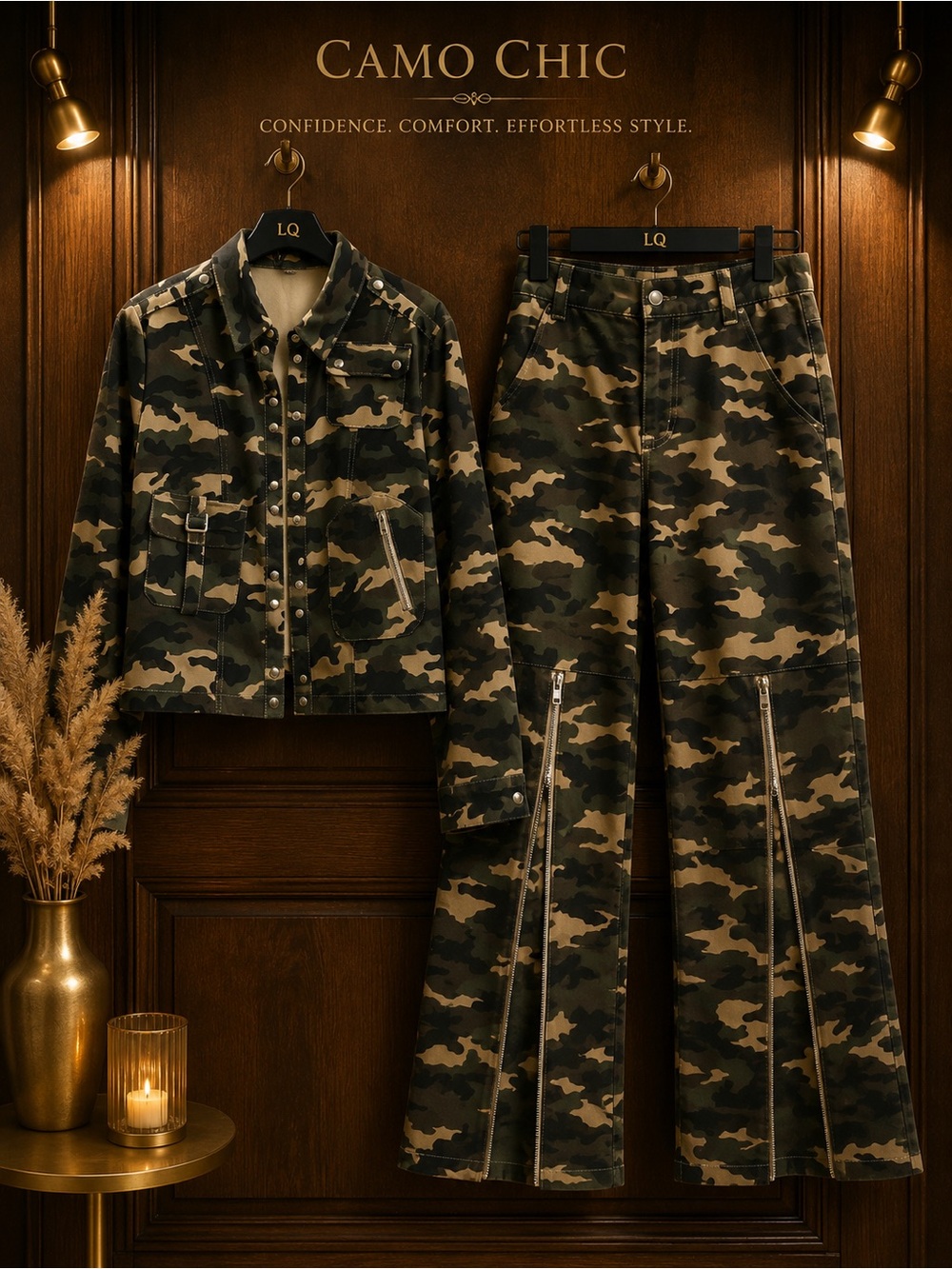 Camo Two-Piece Jacket & Wide Leg Pants Set - Green Camo